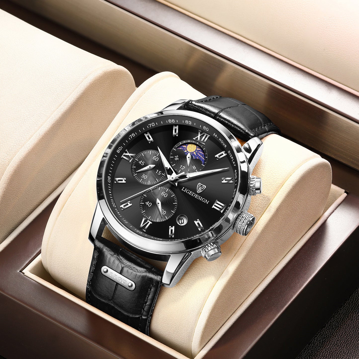 Men’s Fashion Quartz Watch – 24‑Hour Calendar, Night‑Light Mode, Genuine Leather Strap (Business‑Casual)