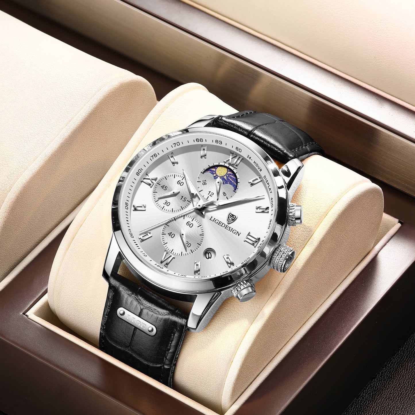 Men’s Fashion Quartz Watch – 24‑Hour Calendar, Night‑Light Mode, Genuine Leather Strap (Business‑Casual)