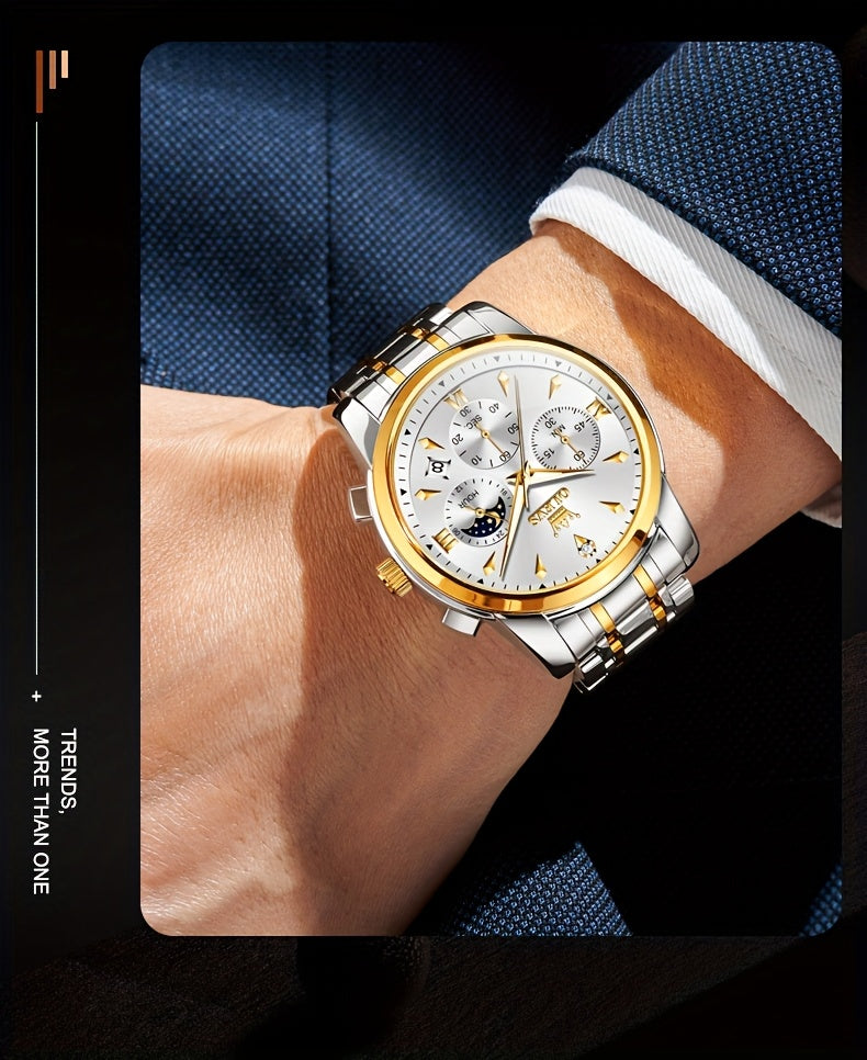 Men’s Luxury Two‑Tone Chronograph Watch – Moon Phase, Date, Luminous Hands, Stainless Steel Business Dress Quartz Wristwatch
