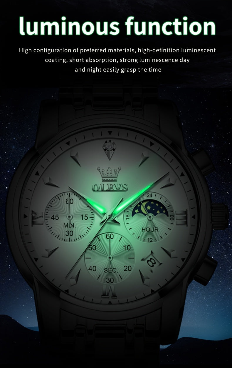 Men’s Luxury Two‑Tone Chronograph Watch – Moon Phase, Date, Luminous Hands, Stainless Steel Business Dress Quartz Wristwatch
