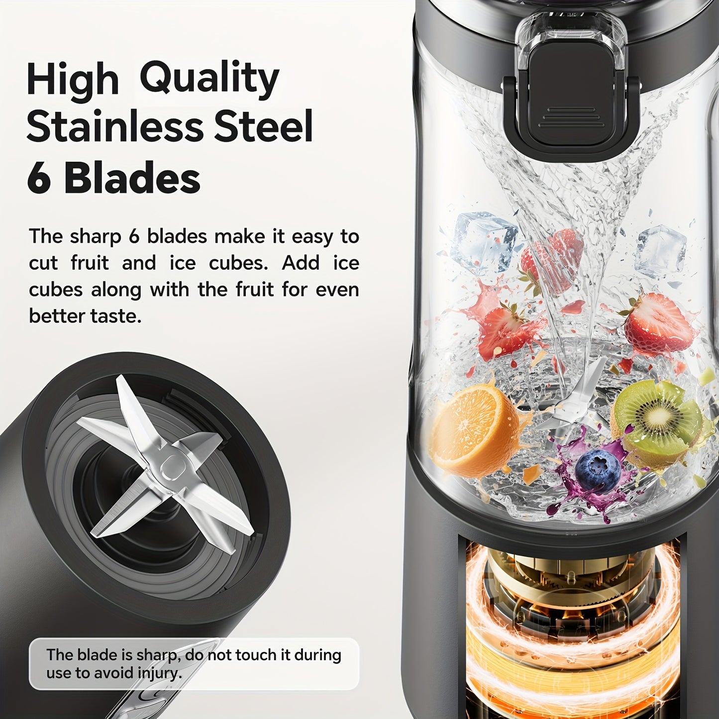 Portable Smart Smoothie Blender – 6-Blade Stainless Steel, Digital Timer & Battery Display | USB-C Fast Charge Personal Juicer