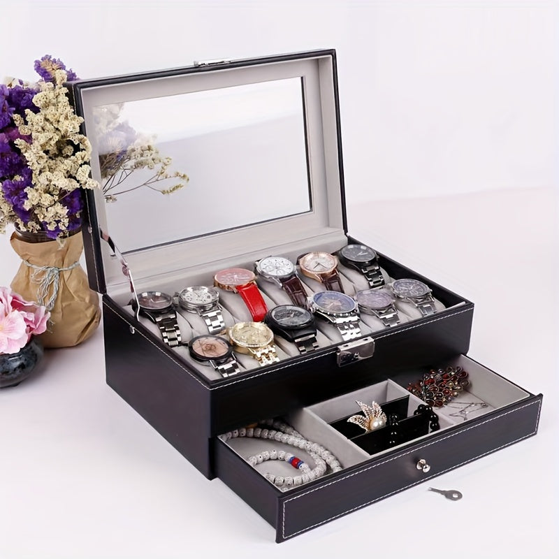Portable 12-Slot Dual-Layer Watch & Jewelry Display Box – Premium PU Leather Storage Case | Elegant Gift for Christmas, Halloween & Special Occasions