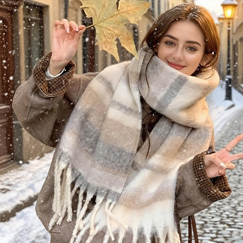Women's Bohemian Striped Winter Scarf & Shawl – Thick, Windproof Wrap with Fringe Trim | Cozy Polyester for Jackets & Coats (Beige, Brown, Pink)