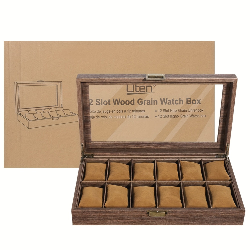 Watch Box 12 Slots, Watch Case Organizer With Real Glass Lid, Wood Grain PU Leather Watch Display Storage Box With Removable Imitation Suede Watch Pillows, Metal Clasp, Decorative Jewelry Boxes