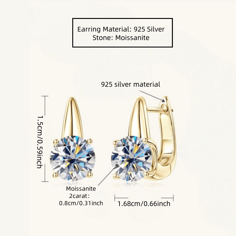2 Carat Moissanite Stud Earrings – Genuine 925 Silver & 14K Gold Plated, Four-Prong Setting | Luxury Gift Box Included