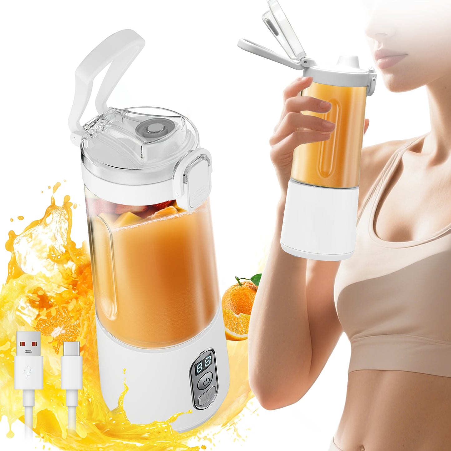 Portable Smart Smoothie Blender – 6-Blade Stainless Steel, Digital Timer & Battery Display | USB-C Fast Charge Personal Juicer