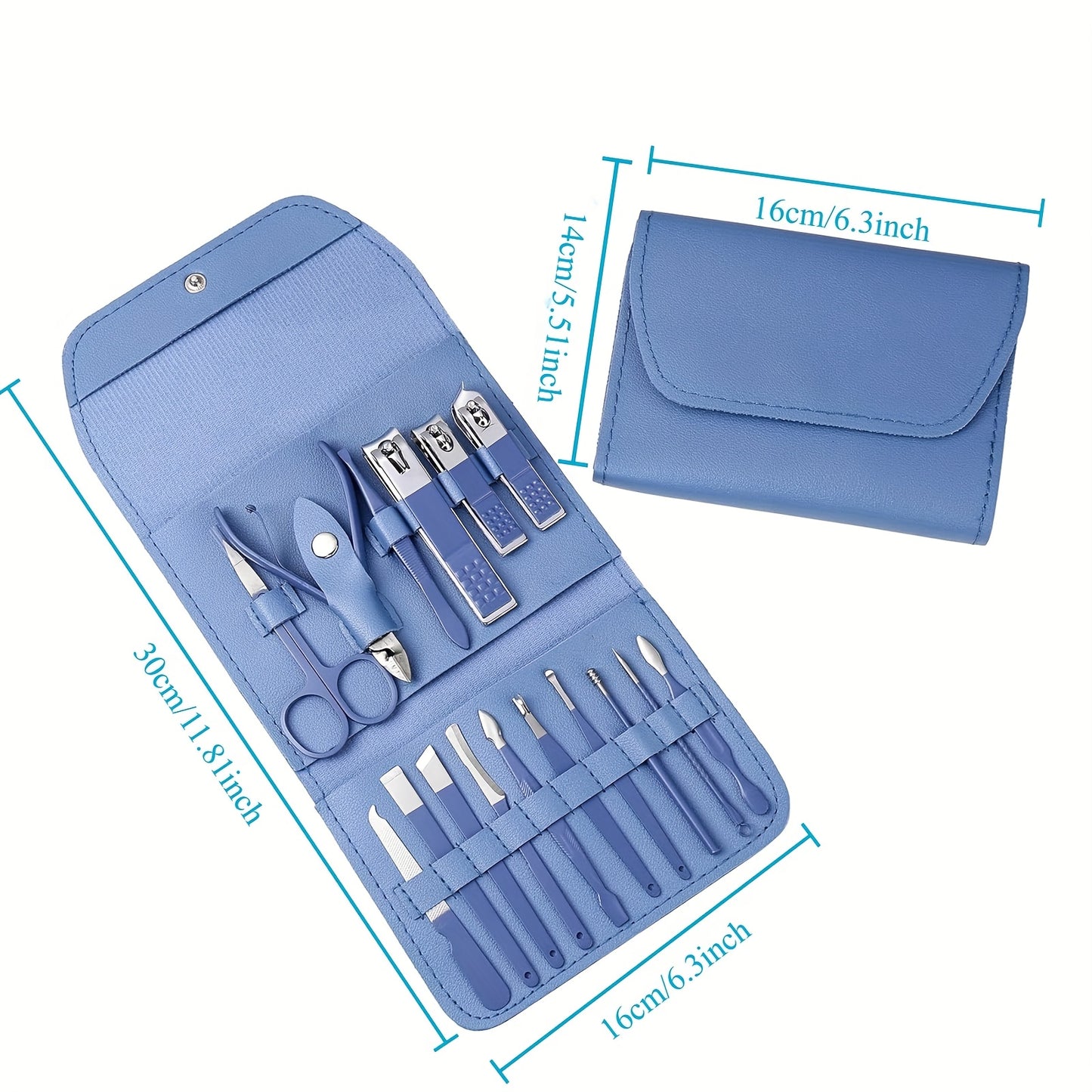 16-Piece Premium Stainless Steel Manicure & Pedicure Kit – Straight Blade Clippers, Nail File, Ear Picks, Scissors | Professional Travel Beauty Set