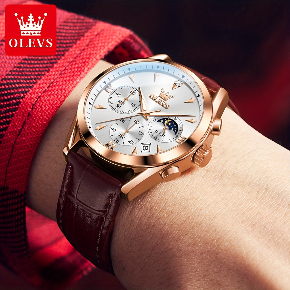 Men's Luxury Luminous Quartz Watch with Date & Day Display, Stainless Steel Case & PU Leather Strap, Rose Golden Accents - Business Casual Wristwatch for Formal & Casual Attire