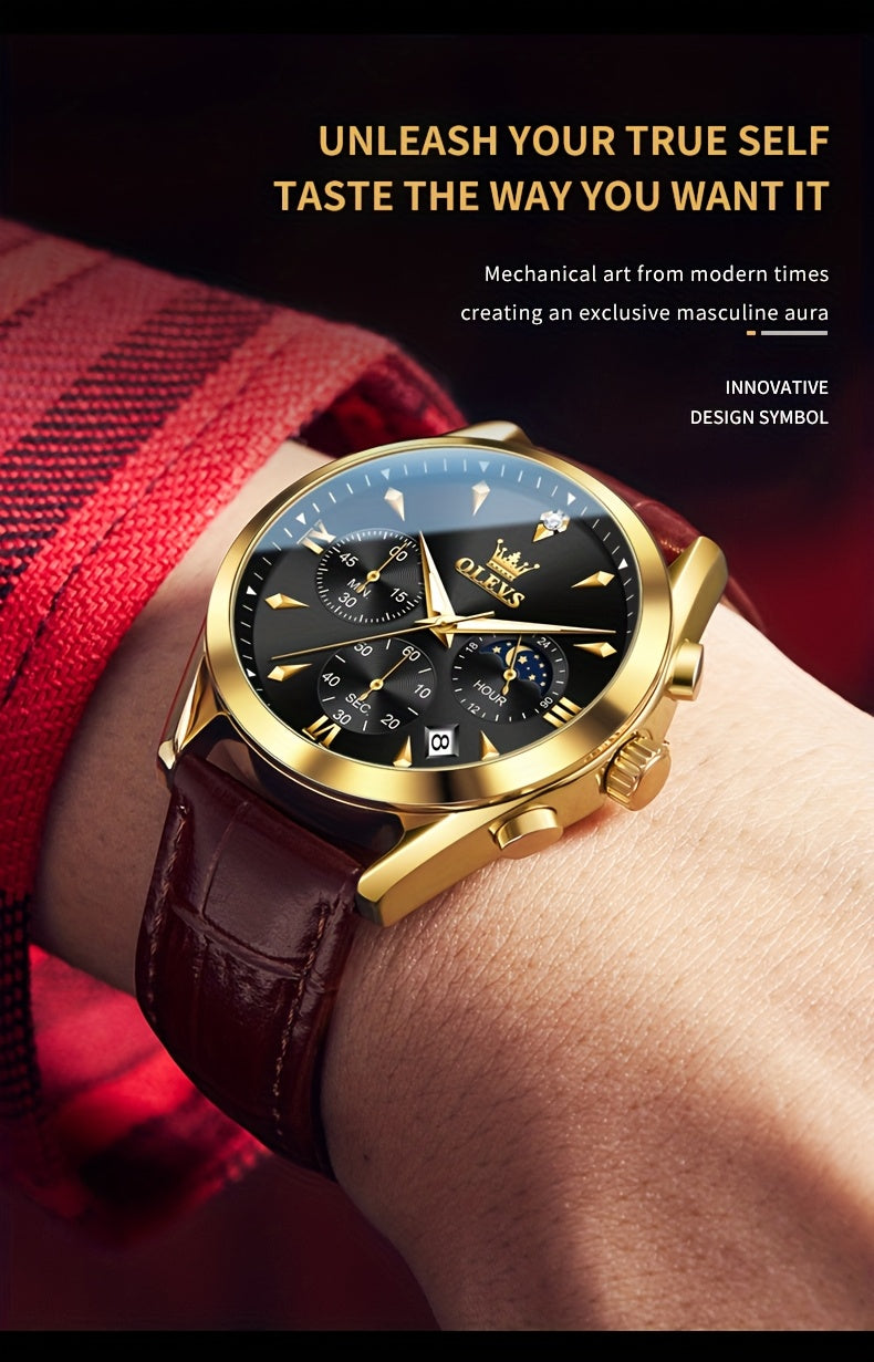 Men's Luxury Luminous Quartz Watch with Date & Day Display, Stainless Steel Case & PU Leather Strap, Rose Golden Accents - Business Casual Wristwatch for Formal & Casual Attire