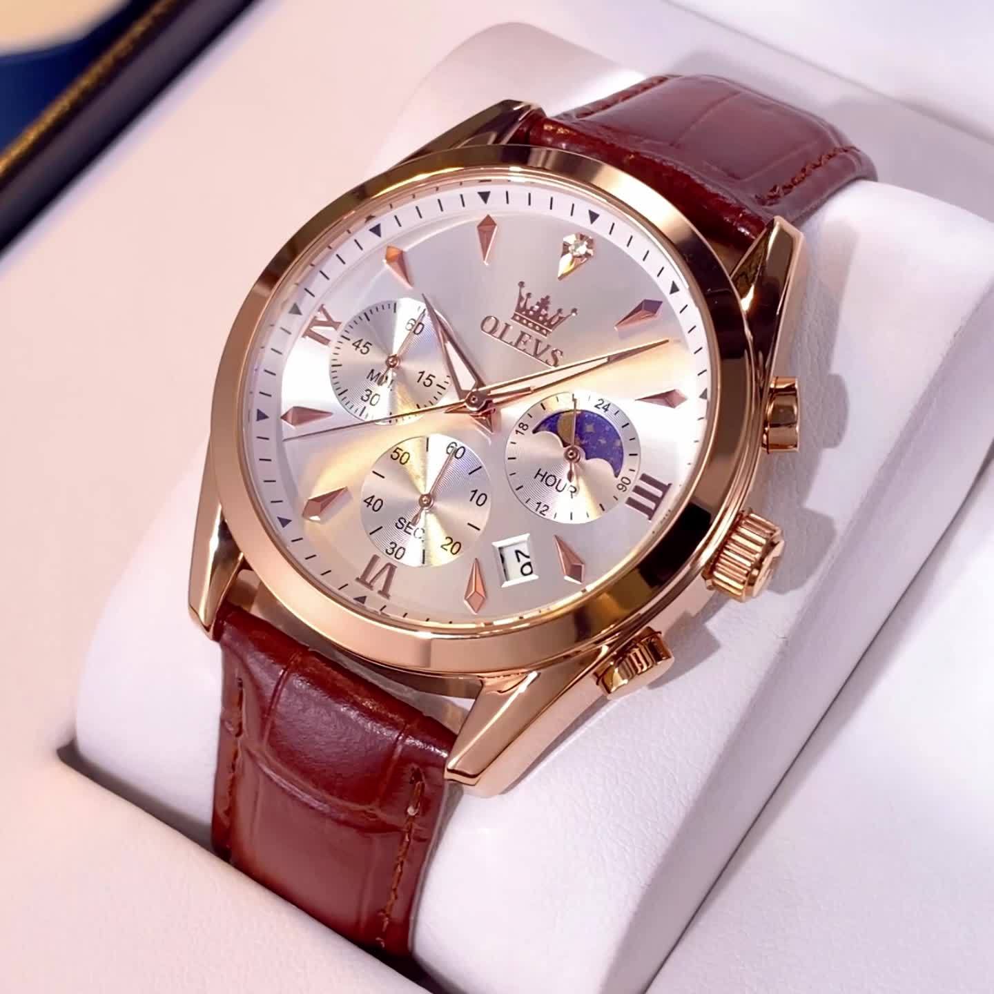 Men's Luxury Luminous Quartz Watch with Date & Day Display, Stainless Steel Case & PU Leather Strap, Rose Golden Accents - Business Casual Wristwatch for Formal & Casual Attire