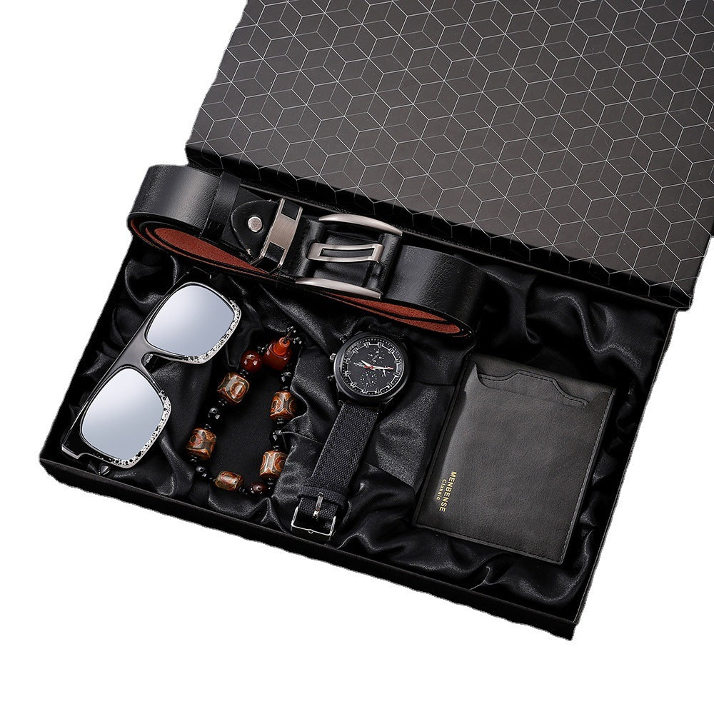 Men's 5-Piece Casual Watch & Bracelet Gift Set – Quartz Wristwatch with Stackable Leather & Beaded Accessories | Stylish Boxed Present
