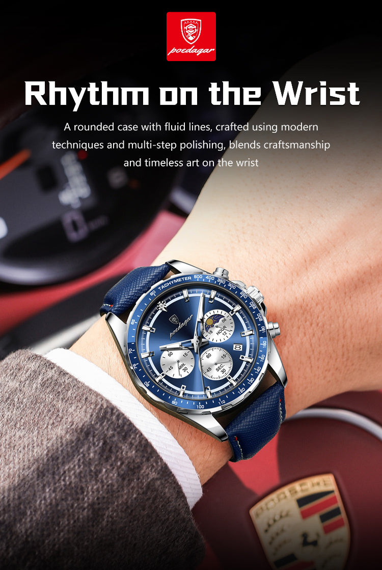 Men's Glow-in-the-Dark Quartz Watch – Luminous Hands &amp; Markers, Chronograph, Date, 3ATM Water Resistant, Leather Strap