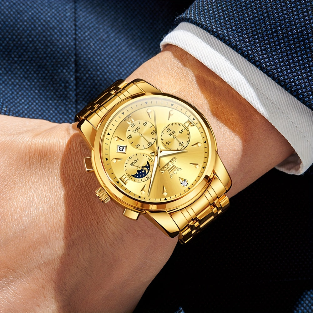 Men’s Luxury Two‑Tone Chronograph Watch – Moon Phase, Date, Luminous Hands, Stainless Steel Business Dress Quartz Wristwatch