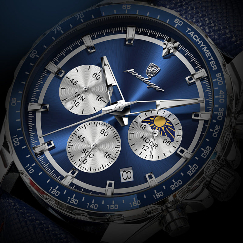 Men's Glow-in-the-Dark Quartz Watch – Luminous Hands &amp; Markers, Chronograph, Date, 3ATM Water Resistant, Leather Strap