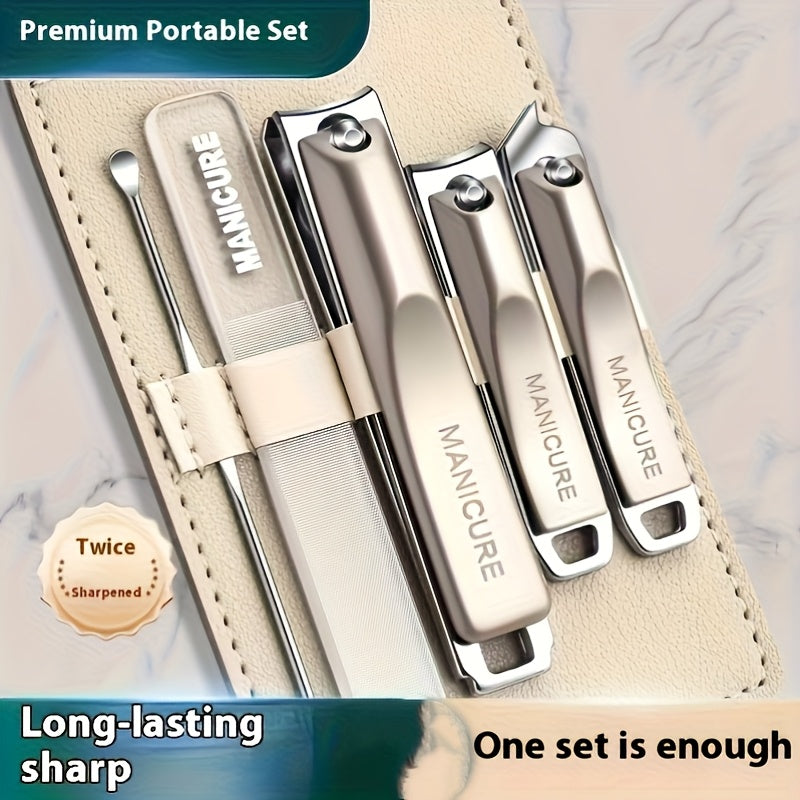 5‑Piece Heavy‑Duty Stainless Steel Nail Clipper Set – Anti‑Splash Rotating Bag, German Scissors, Nail File & Carrying Case