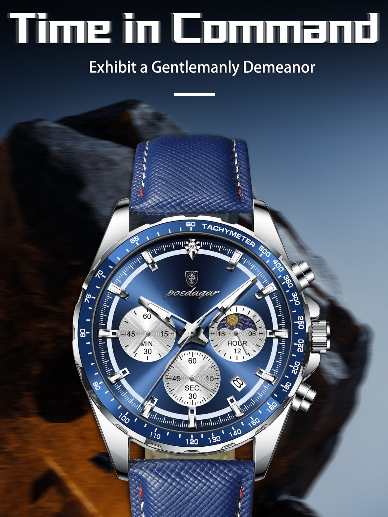 Men's Glow-in-the-Dark Quartz Watch – Luminous Hands &amp; Markers, Chronograph, Date, 3ATM Water Resistant, Leather Strap