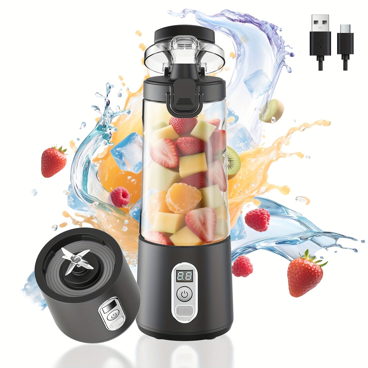 Portable Smart Smoothie Blender – 6-Blade Stainless Steel, Digital Timer & Battery Display | USB-C Fast Charge Personal Juicer