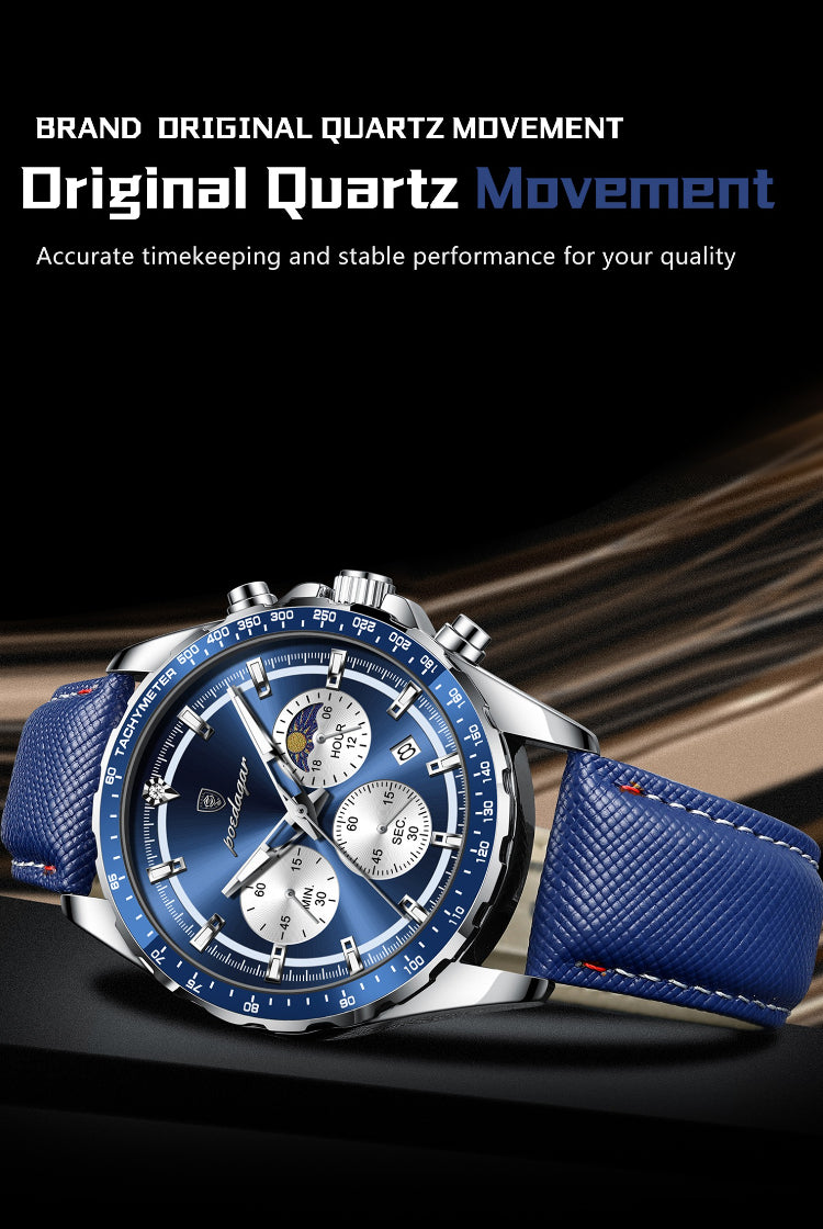 Men's Glow-in-the-Dark Quartz Watch – Luminous Hands &amp; Markers, Chronograph, Date, 3ATM Water Resistant, Leather Strap