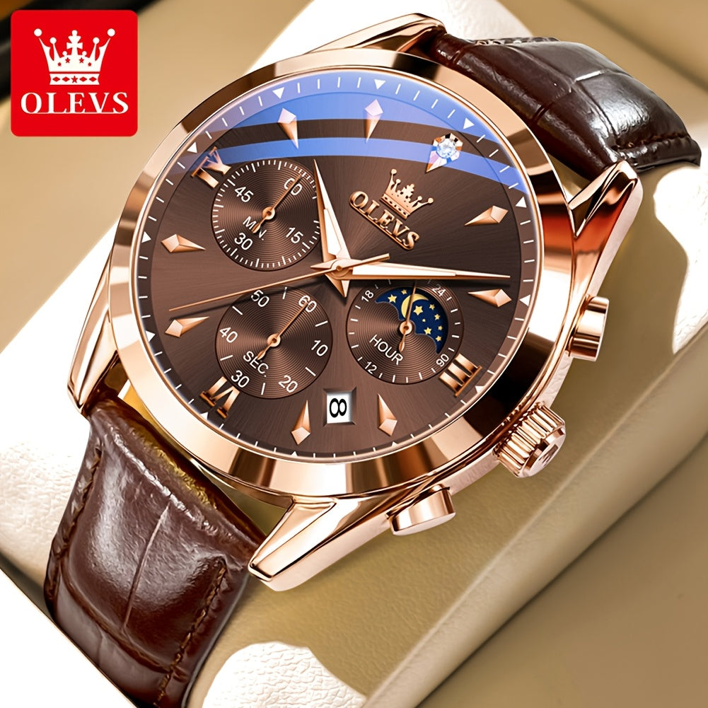 Men's Luxury Luminous Quartz Watch with Date & Day Display, Stainless Steel Case & PU Leather Strap, Rose Golden Accents - Business Casual Wristwatch for Formal & Casual Attire
