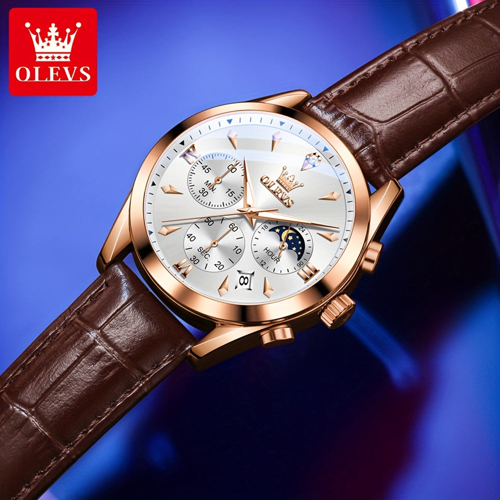 Men's Luxury Luminous Quartz Watch with Date & Day Display, Stainless Steel Case & PU Leather Strap, Rose Golden Accents - Business Casual Wristwatch for Formal & Casual Attire