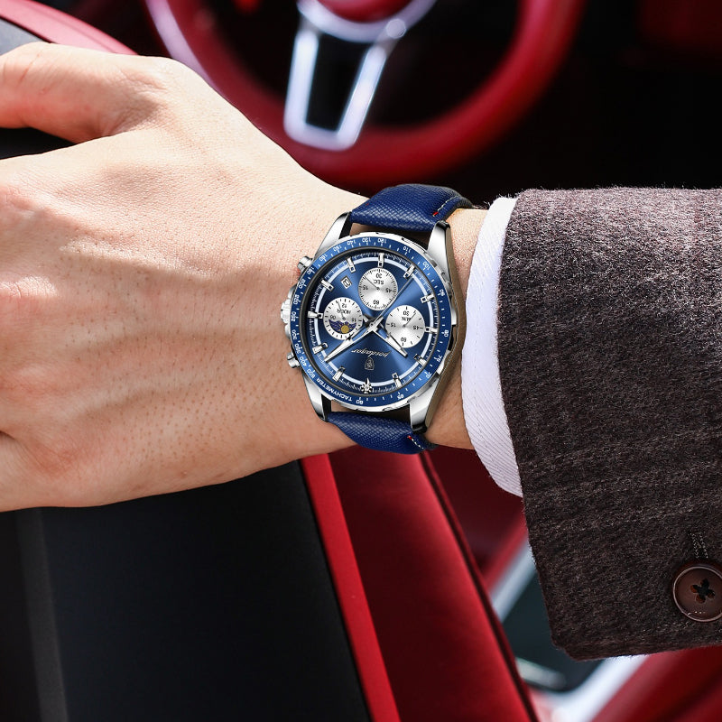 Men's Glow-in-the-Dark Quartz Watch – Luminous Hands &amp; Markers, Chronograph, Date, 3ATM Water Resistant, Leather Strap