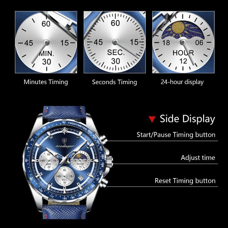 Men's Glow-in-the-Dark Quartz Watch – Luminous Hands &amp; Markers, Chronograph, Date, 3ATM Water Resistant, Leather Strap