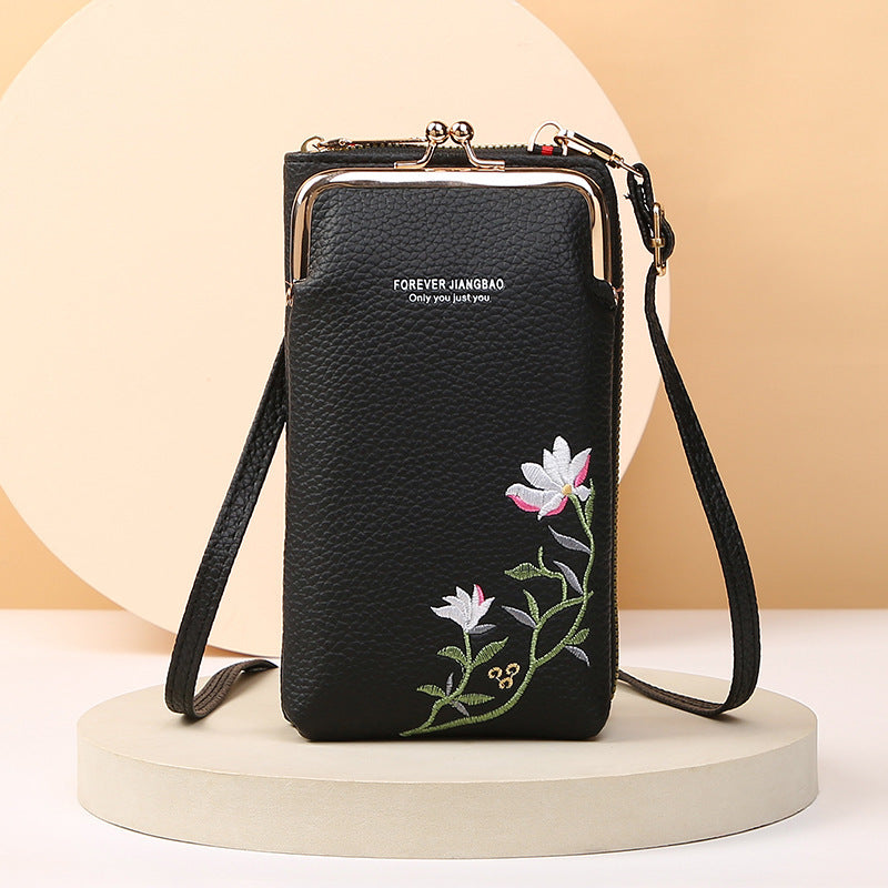 Women's Embroidered Floral Phone Bag & Wallet – PU Leather Crossbody Purse with Secure Lock Buckle | Compact Outdoor Shoulder Holder