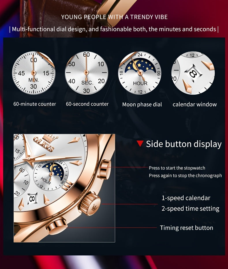 Men's Luxury Luminous Quartz Watch with Date & Day Display, Stainless Steel Case & PU Leather Strap, Rose Golden Accents - Business Casual Wristwatch for Formal & Casual Attire
