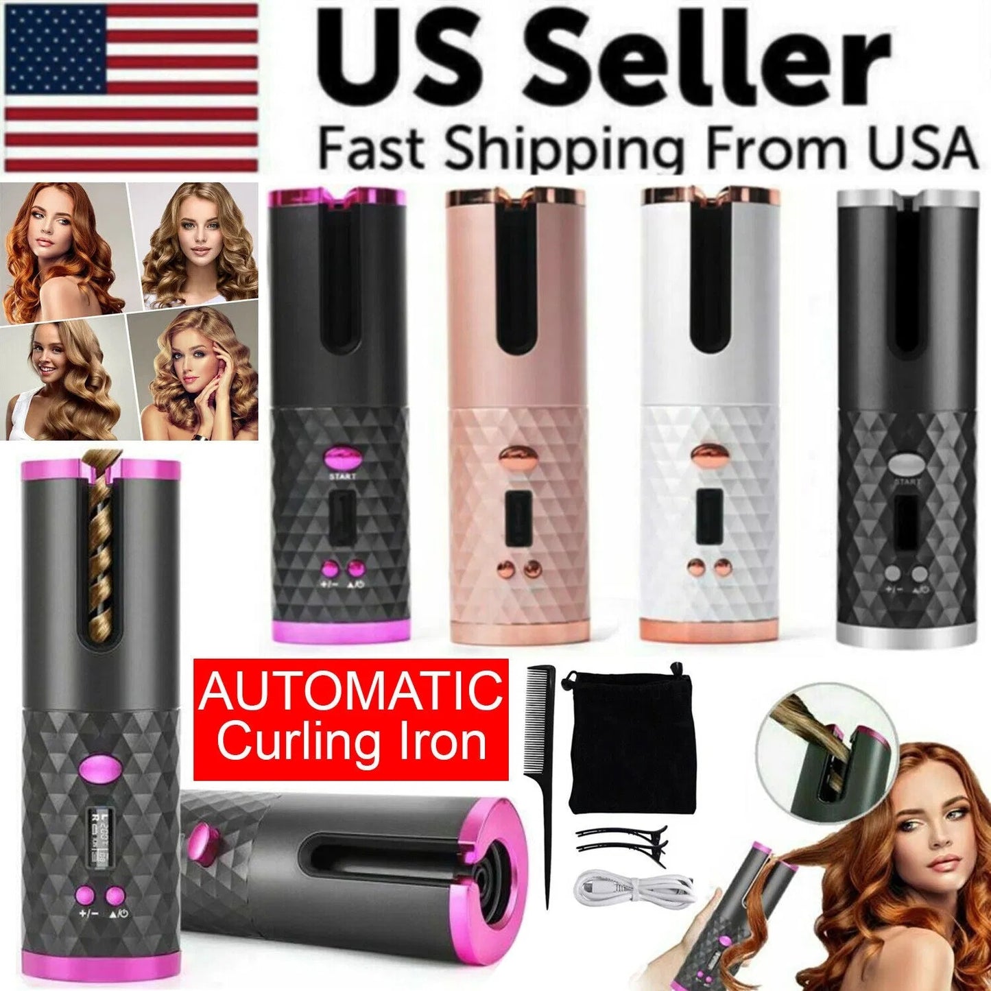 Cordless Auto-Rotating Hair Curler with LCD Display – Wireless Ceramic Curling Iron | Portable Rechargeable Waver for Effortless Curls & Waves Anywhere