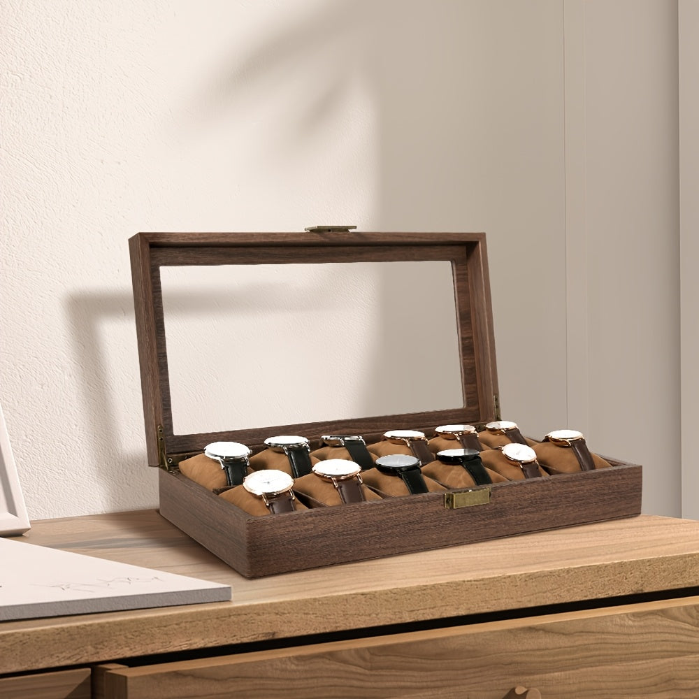 Watch Box 12 Slots, Watch Case Organizer With Real Glass Lid, Wood Grain PU Leather Watch Display Storage Box With Removable Imitation Suede Watch Pillows, Metal Clasp, Decorative Jewelry Boxes