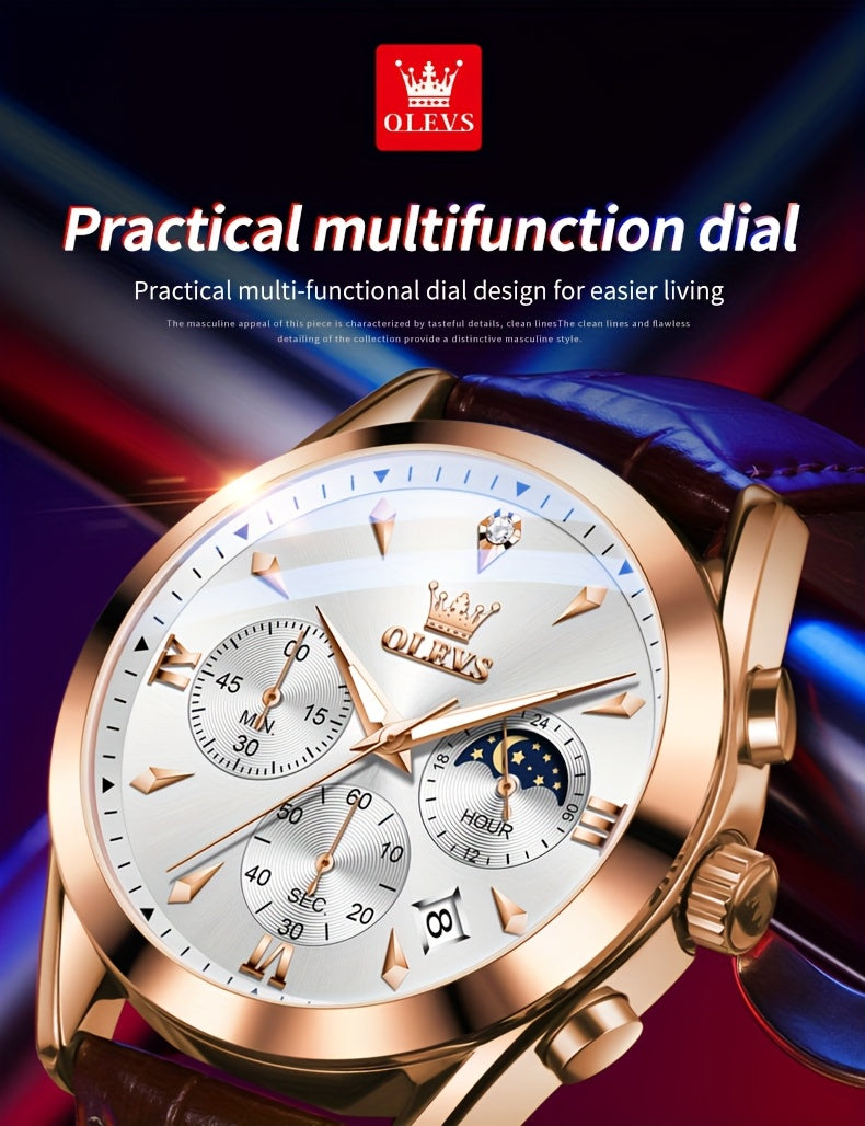 Men's Luxury Luminous Quartz Watch with Date & Day Display, Stainless Steel Case & PU Leather Strap, Rose Golden Accents - Business Casual Wristwatch for Formal & Casual Attire