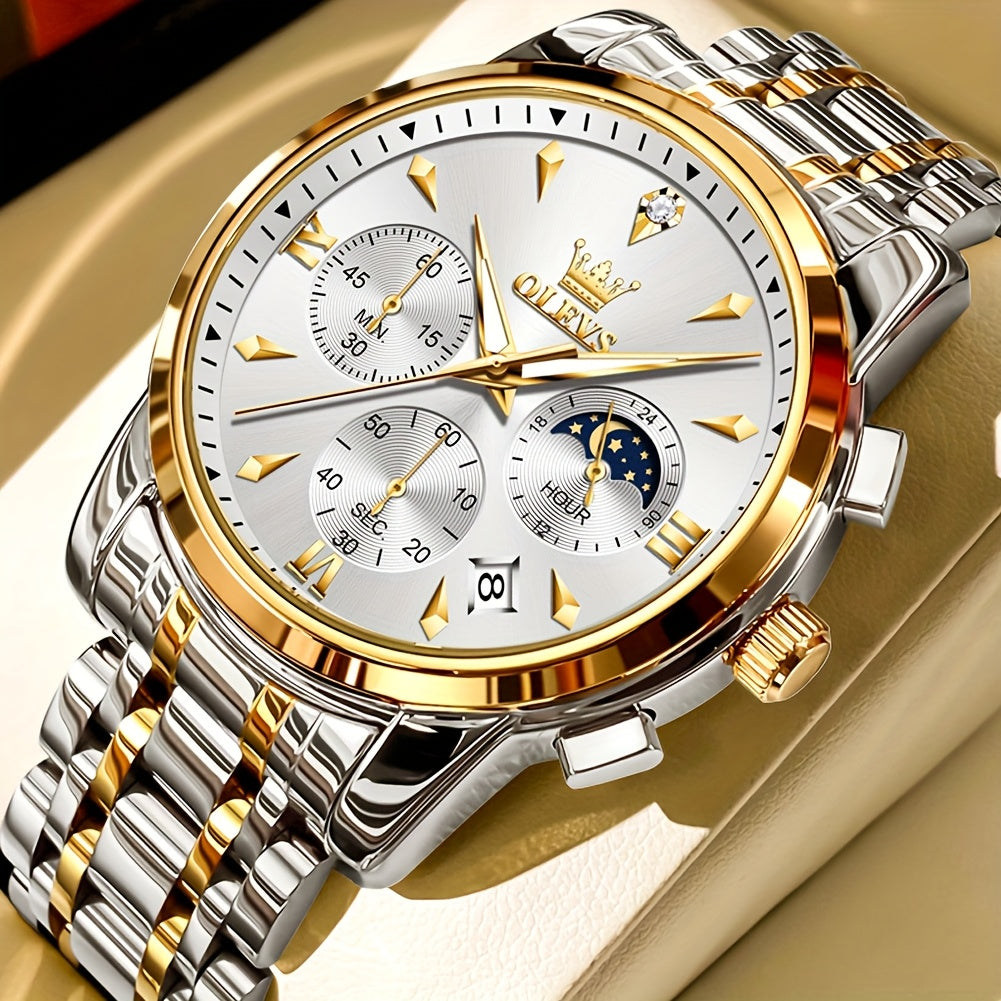 Men’s Luxury Two‑Tone Chronograph Watch – Moon Phase, Date, Luminous Hands, Stainless Steel Business Dress Quartz Wristwatch