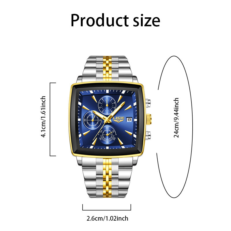 Men's 2025 Fashion Square Watch – Calendar Display, Sports & Casual Style, Stainless Steel | Available in Blue, Black & Gold