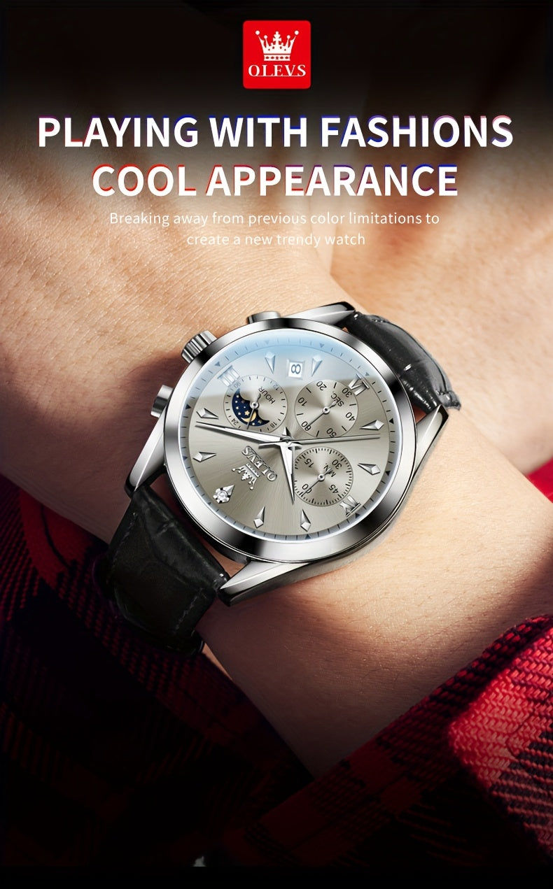 Men's Luxury Luminous Quartz Watch with Date & Day Display, Stainless Steel Case & PU Leather Strap, Rose Golden Accents - Business Casual Wristwatch for Formal & Casual Attire