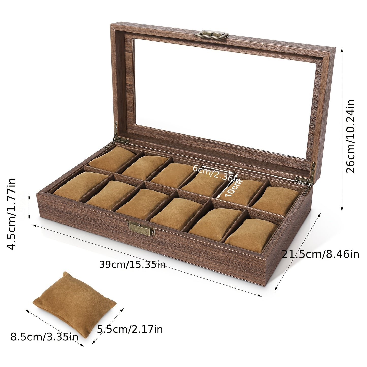 Watch Box 12 Slots, Watch Case Organizer With Real Glass Lid, Wood Grain PU Leather Watch Display Storage Box With Removable Imitation Suede Watch Pillows, Metal Clasp, Decorative Jewelry Boxes