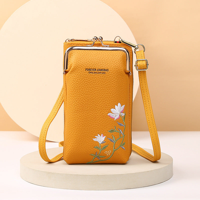 Women's Embroidered Floral Phone Bag & Wallet – PU Leather Crossbody Purse with Secure Lock Buckle | Compact Outdoor Shoulder Holder