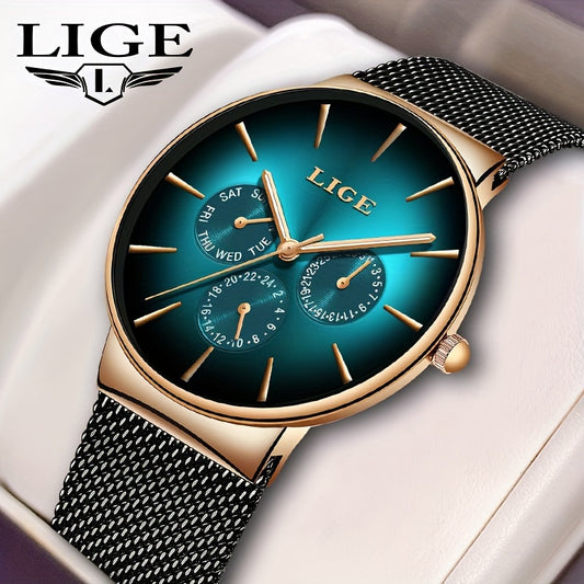 Men’s Ultra-Thin Luxury Mesh Steel Watch – Multifunction Quartz, 24‑Hour Subdial, Day/Date Calendar | Elegant Business & Casual Gift