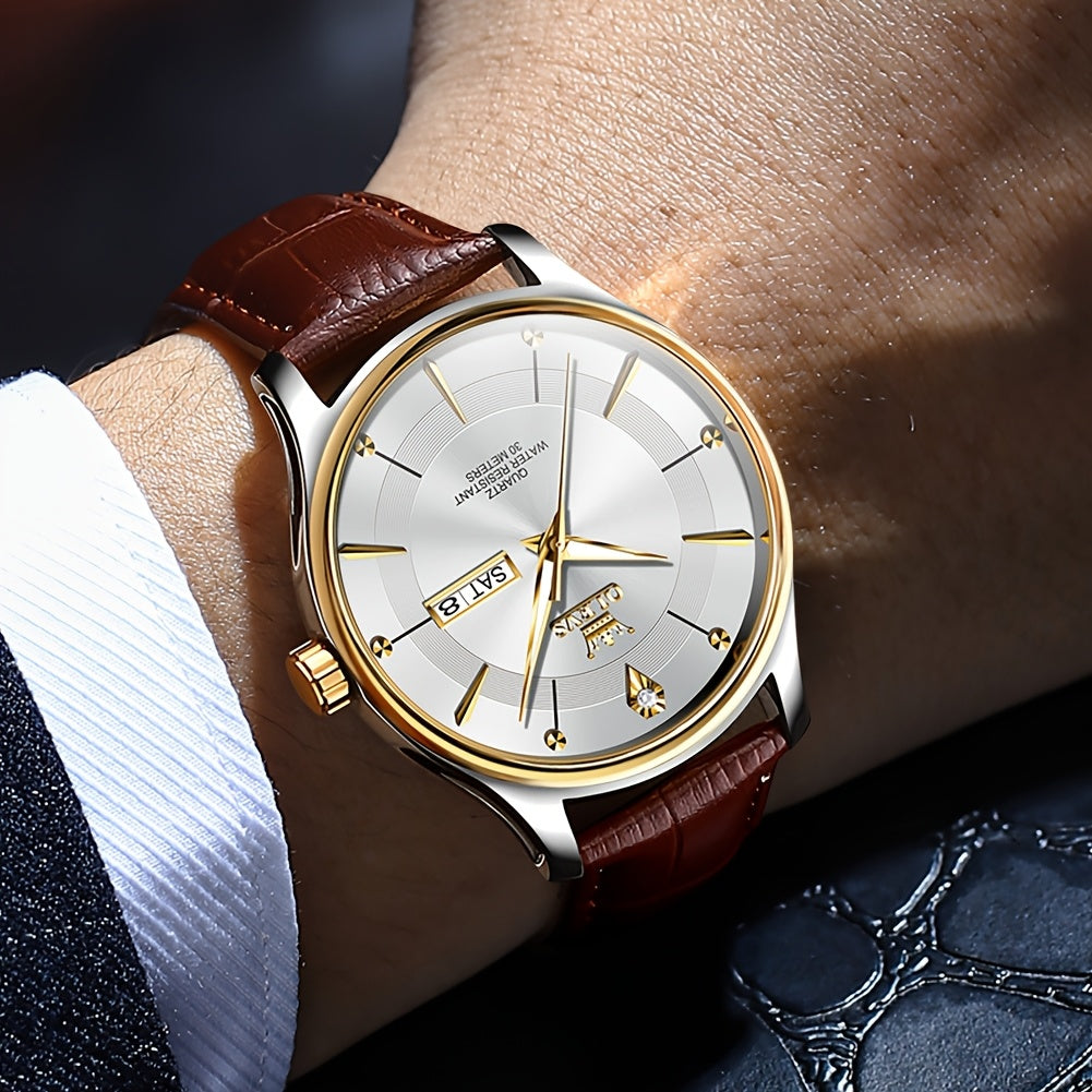 Men's Large Face Quartz Watch – Luminous Hands, Date & Day Display, Stainless Steel Strap | Blue, Gray & White Dial Options