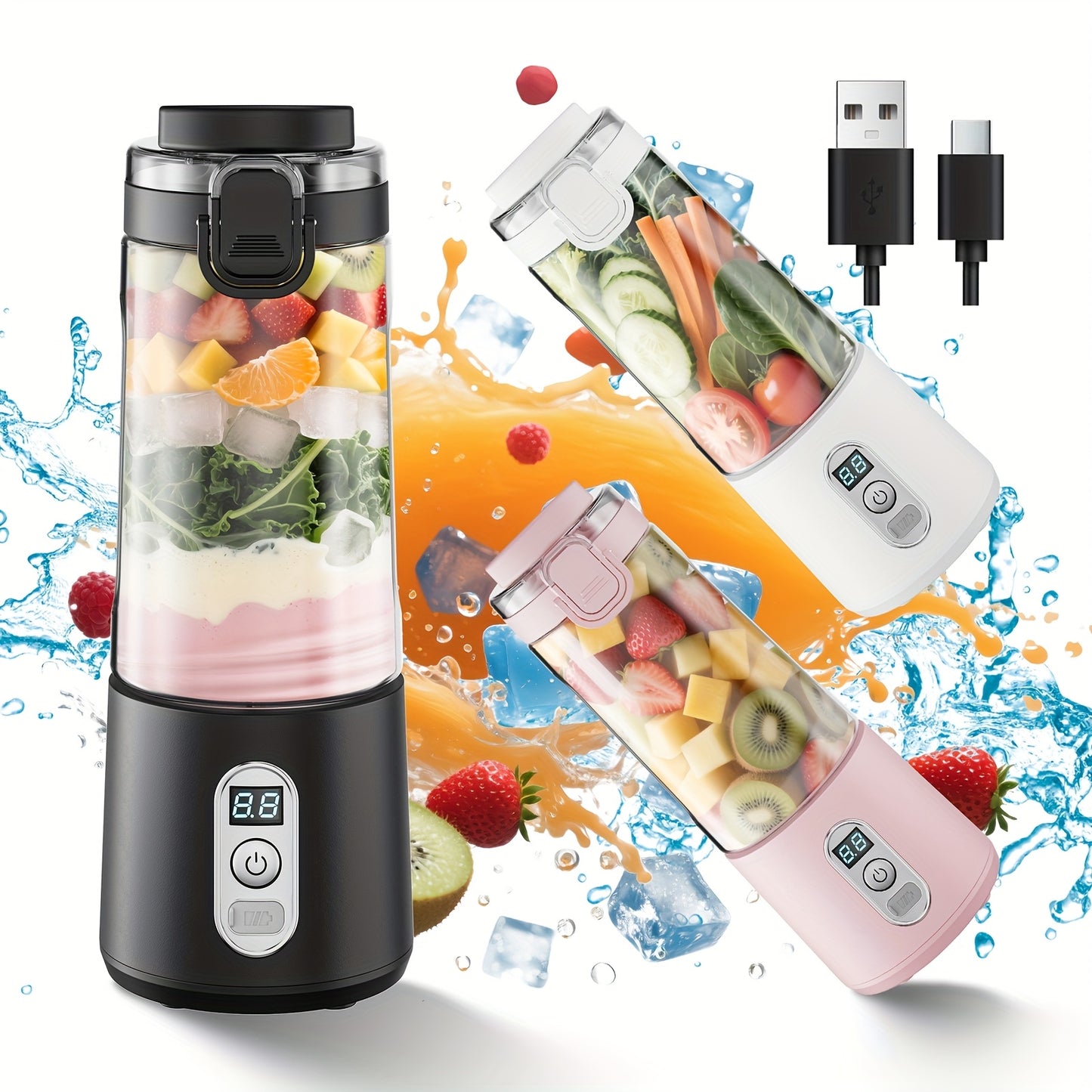 Portable Smart Smoothie Blender – 6-Blade Stainless Steel, Digital Timer & Battery Display | USB-C Fast Charge Personal Juicer