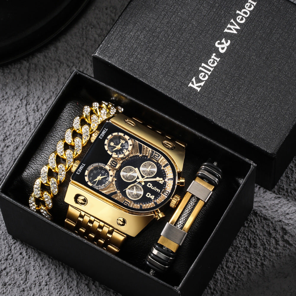 Men’s Multi-Time Zone Luminous Watch Set – Large Dial Stainless Steel Business Style (Gift Box)