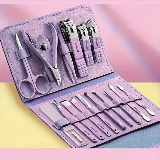 16-Piece Premium Stainless Steel Manicure & Pedicure Kit – Straight Blade Clippers, Nail File, Ear Picks, Scissors | Professional Travel Beauty Set