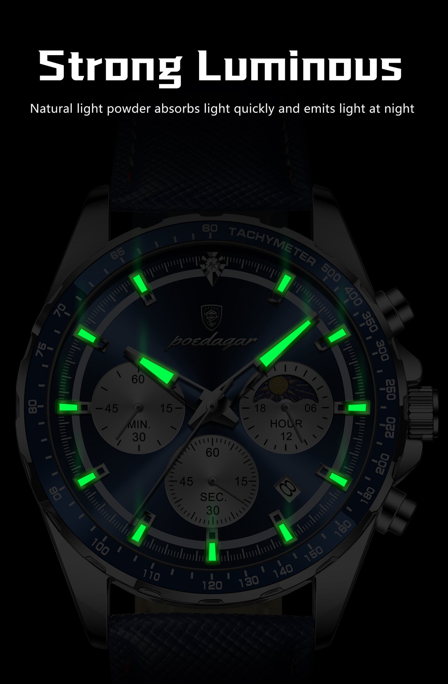 Men's Glow-in-the-Dark Quartz Watch – Luminous Hands &amp; Markers, Chronograph, Date, 3ATM Water Resistant, Leather Strap