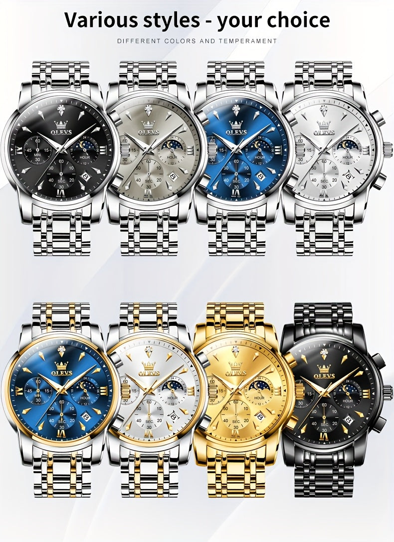 Men’s Luxury Two‑Tone Chronograph Watch – Moon Phase, Date, Luminous Hands, Stainless Steel Business Dress Quartz Wristwatch