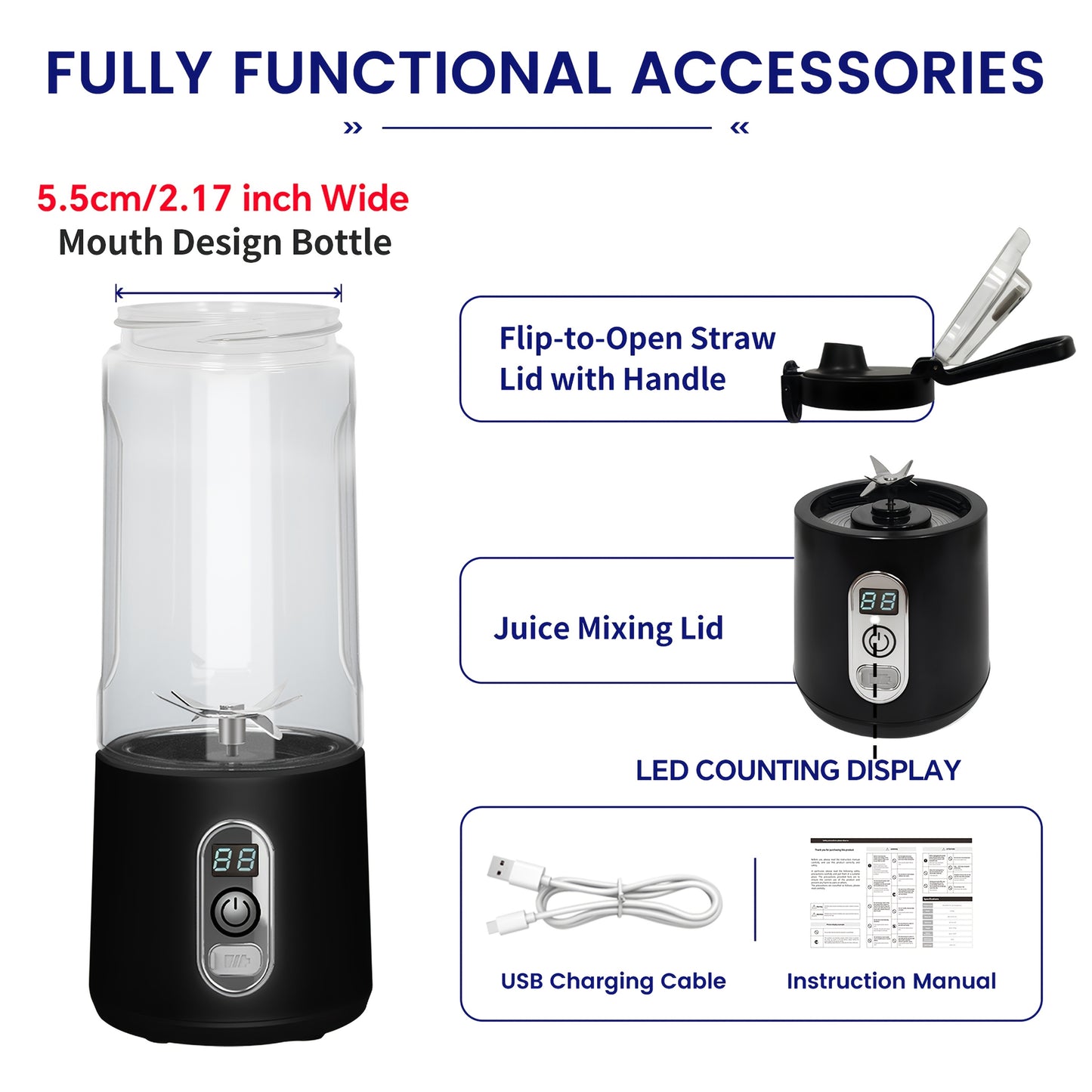 Portable Smart Smoothie Blender – 6-Blade Stainless Steel, Digital Timer & Battery Display | USB-C Fast Charge Personal Juicer