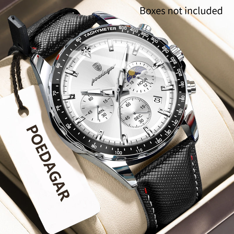 Men's Glow-in-the-Dark Quartz Watch – Luminous Hands &amp; Markers, Chronograph, Date, 3ATM Water Resistant, Leather Strap