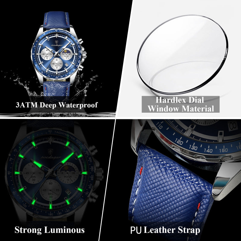 Men's Glow-in-the-Dark Quartz Watch – Luminous Hands &amp; Markers, Chronograph, Date, 3ATM Water Resistant, Leather Strap