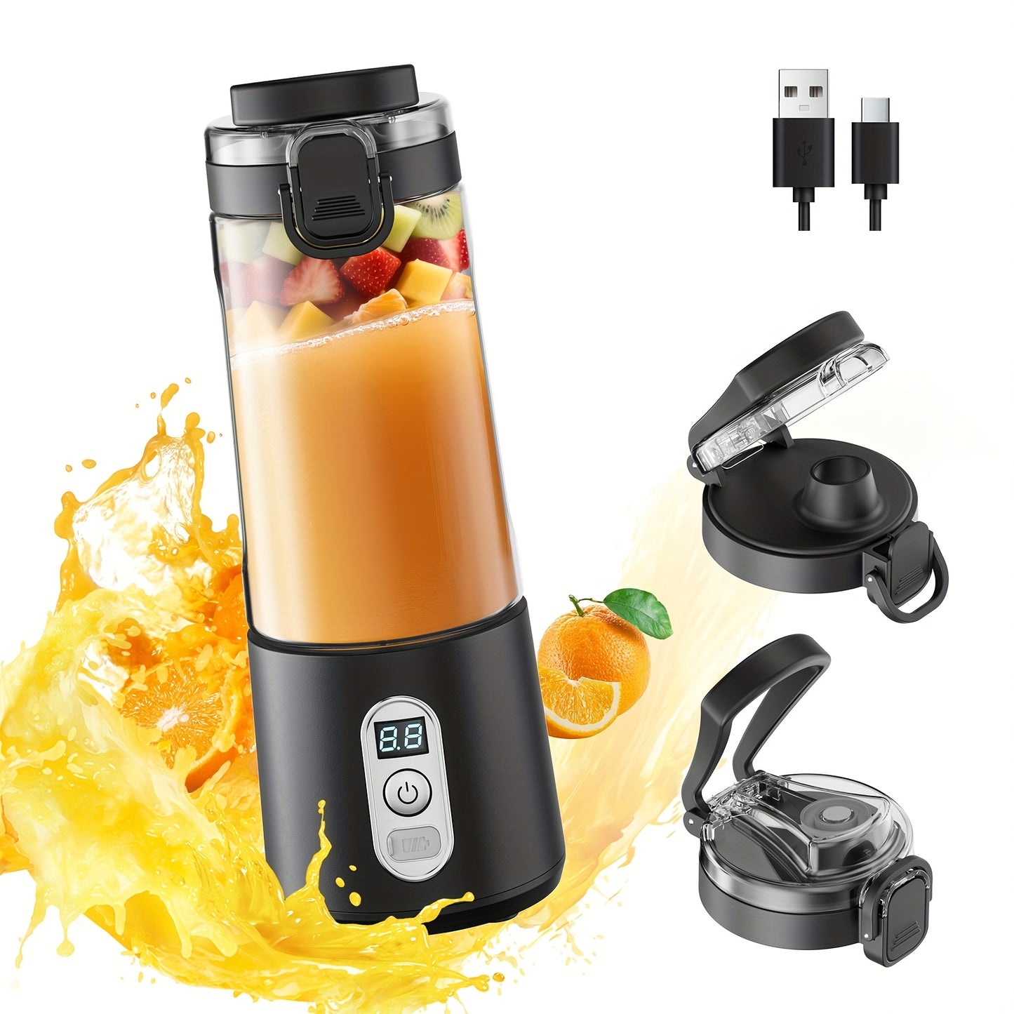 Portable Smart Smoothie Blender – 6-Blade Stainless Steel, Digital Timer & Battery Display | USB-C Fast Charge Personal Juicer