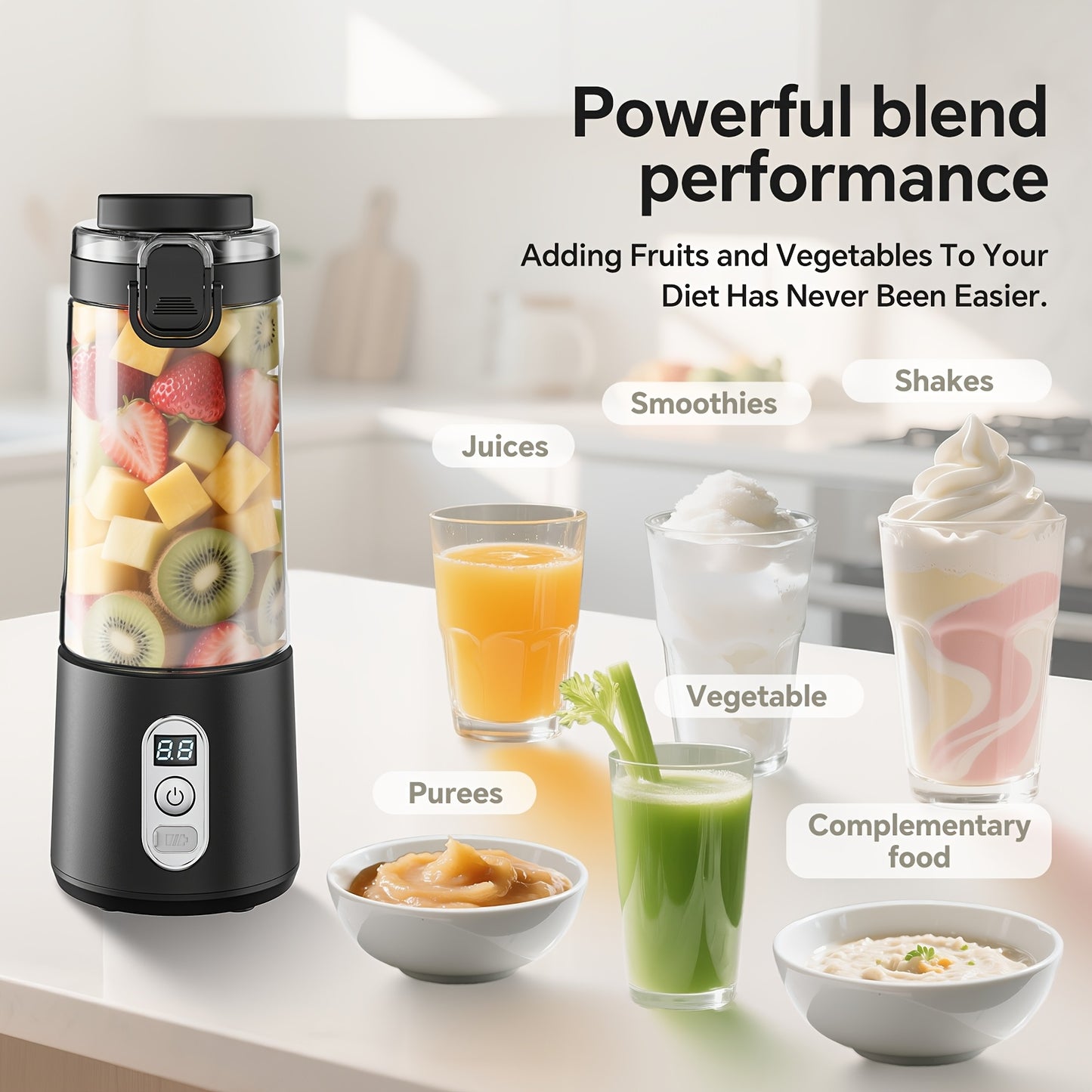Portable Smart Smoothie Blender – 6-Blade Stainless Steel, Digital Timer & Battery Display | USB-C Fast Charge Personal Juicer
