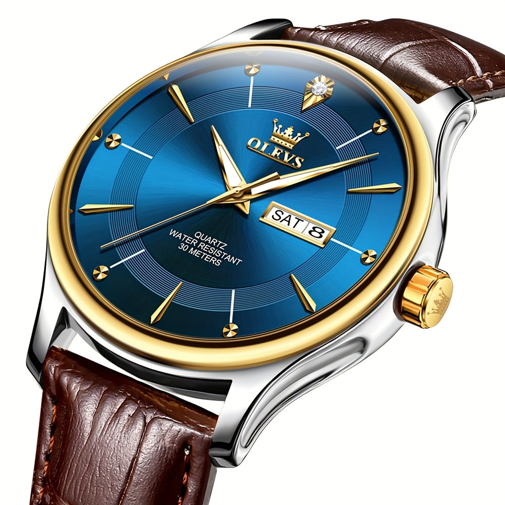 Men's Large Face Quartz Watch – Luminous Hands, Date & Day Display, Stainless Steel Strap | Blue, Gray & White Dial Options