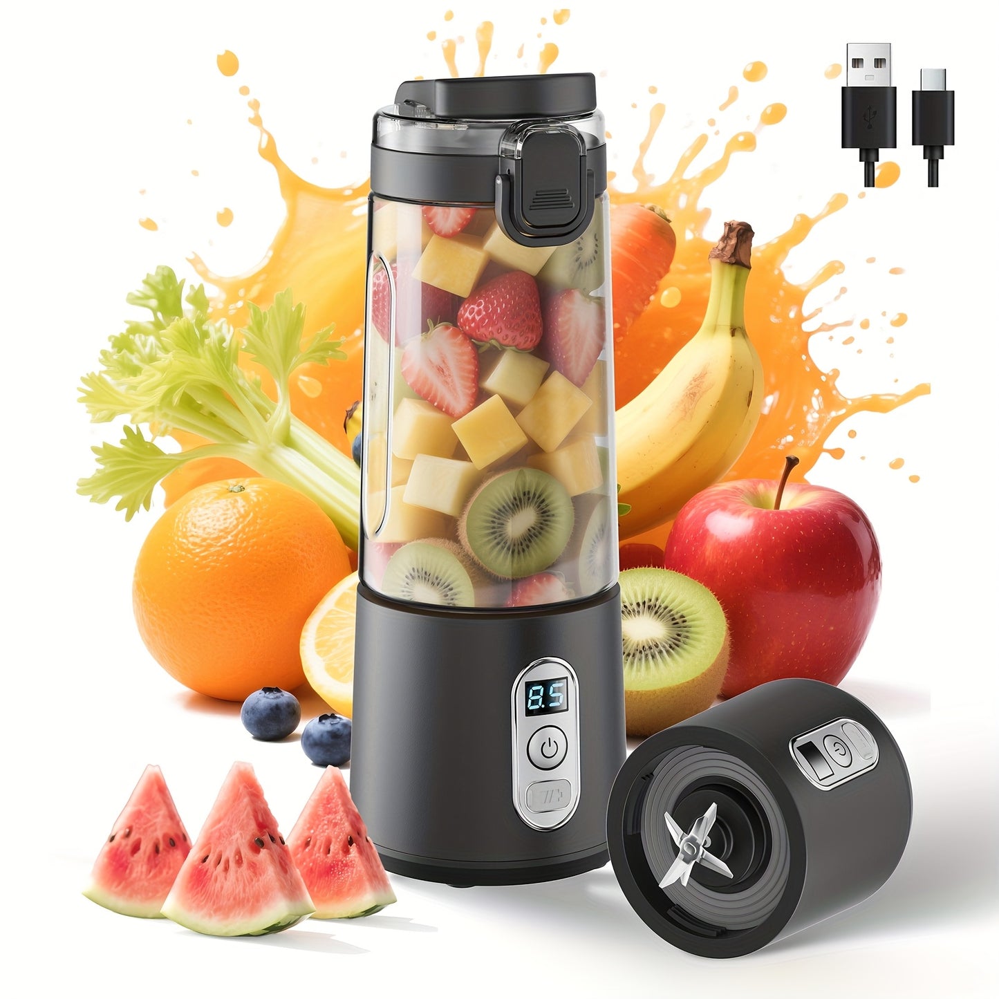 Portable Smart Smoothie Blender – 6-Blade Stainless Steel, Digital Timer & Battery Display | USB-C Fast Charge Personal Juicer